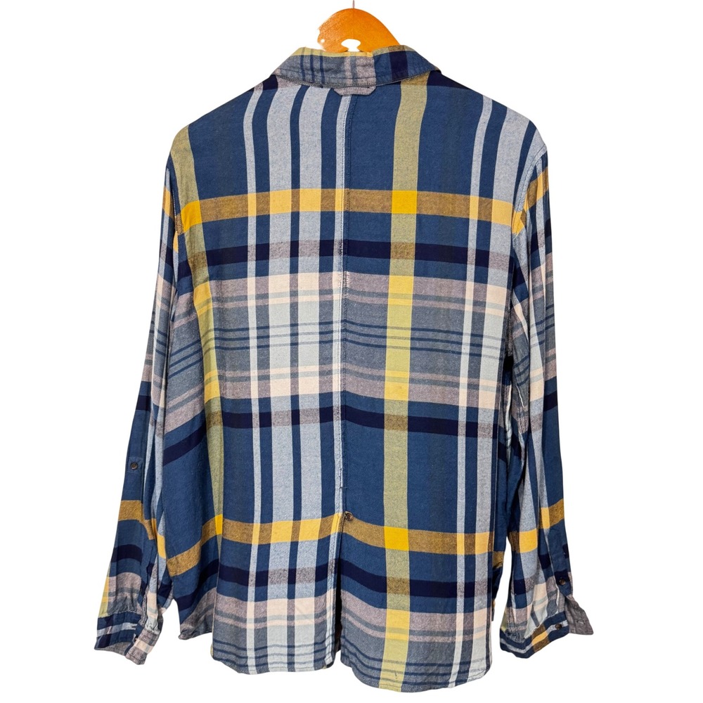 Lucky Brand Button Down Women XL Blue Yellow Plaid Modal Roll Tab Sleeve Flannel - Picture 3 of 11